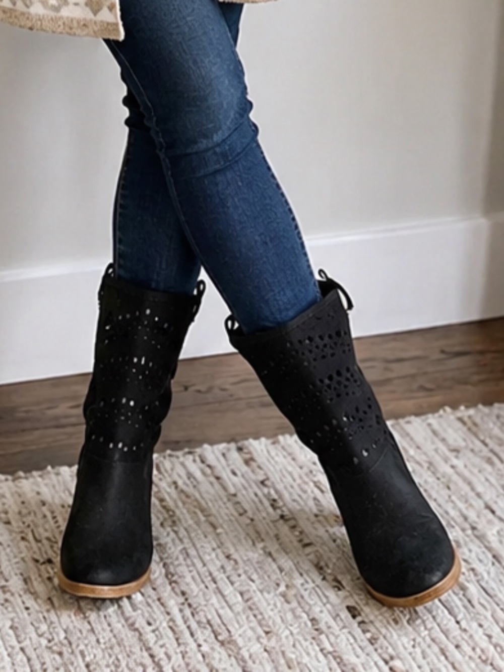Decree Black Perforated Mid-Calf Heeled Boots